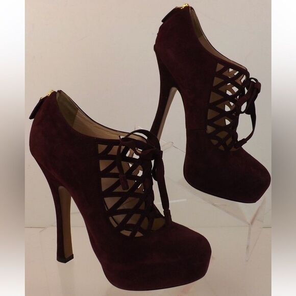 PRADA Elegant Burgundy  suede lace up High Heels booties, US7 - Picture 1 of 10